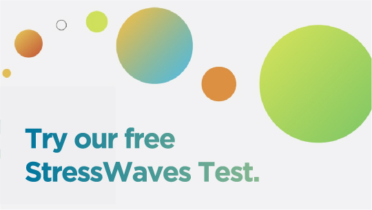 white-background banner with the text ‘Try our free StressWaves Test’